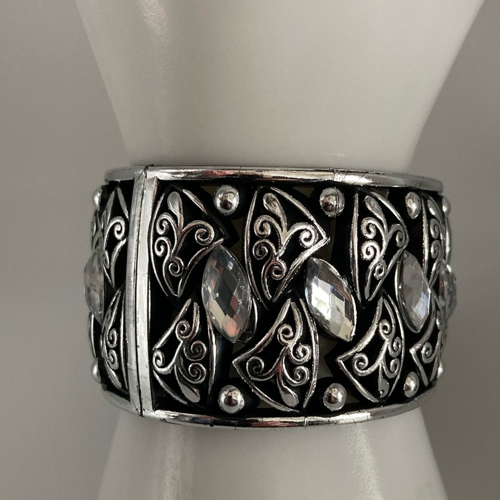 Boho Cuff Bracelet Hinge Opening Black Silver Tone Clear Stones Womens NWT